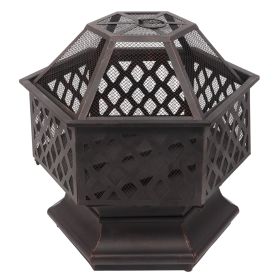 22" Hexagonal Shaped Iron Brazier Wood Burning Fire Pit Decoration for Backyard Poolside-dk